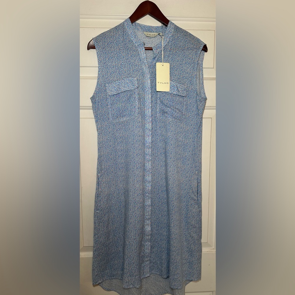 NWT Anthropologie Tylho Blue Floral‎ Sleeveless Shirtdress Sz L Lightweight.